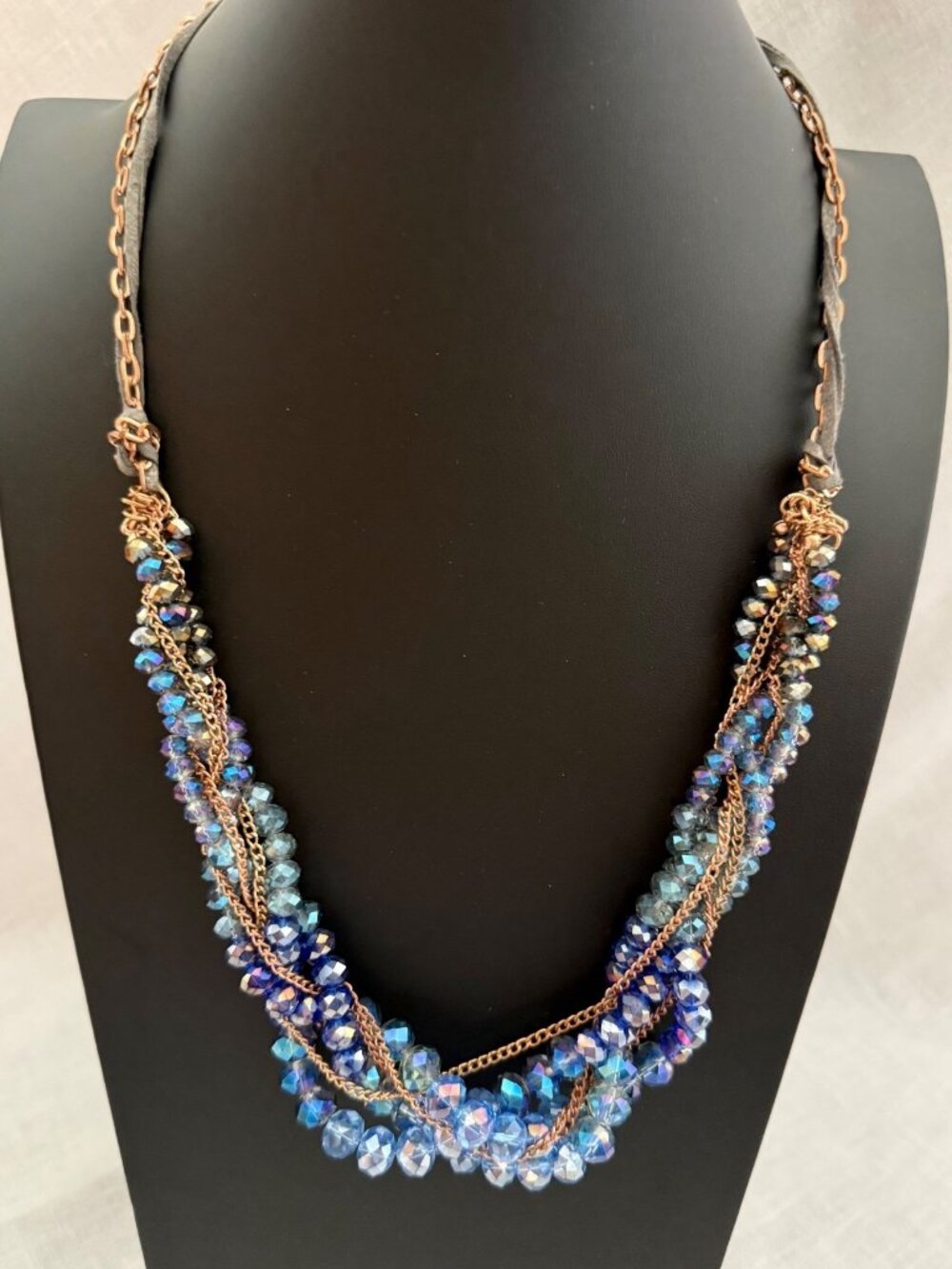Vintage Ali Khan New York Blue Glass Crystal Layered Necklace Boho 24-27in